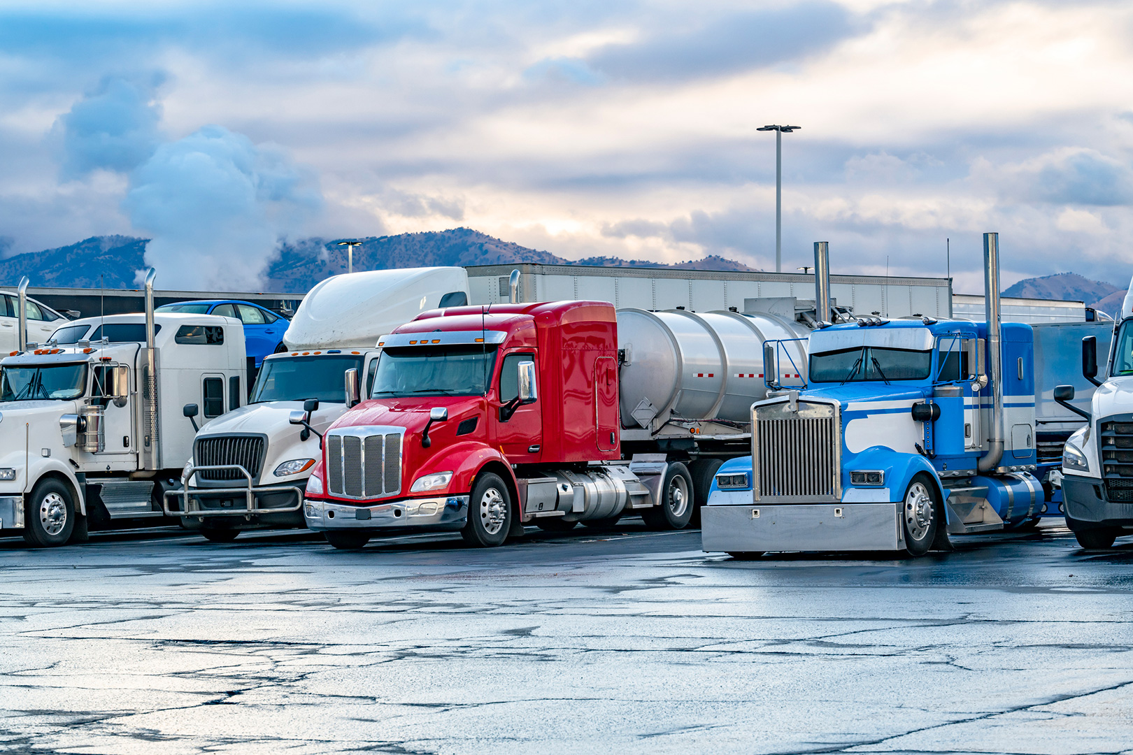 Red, white and blue semi trucks parked